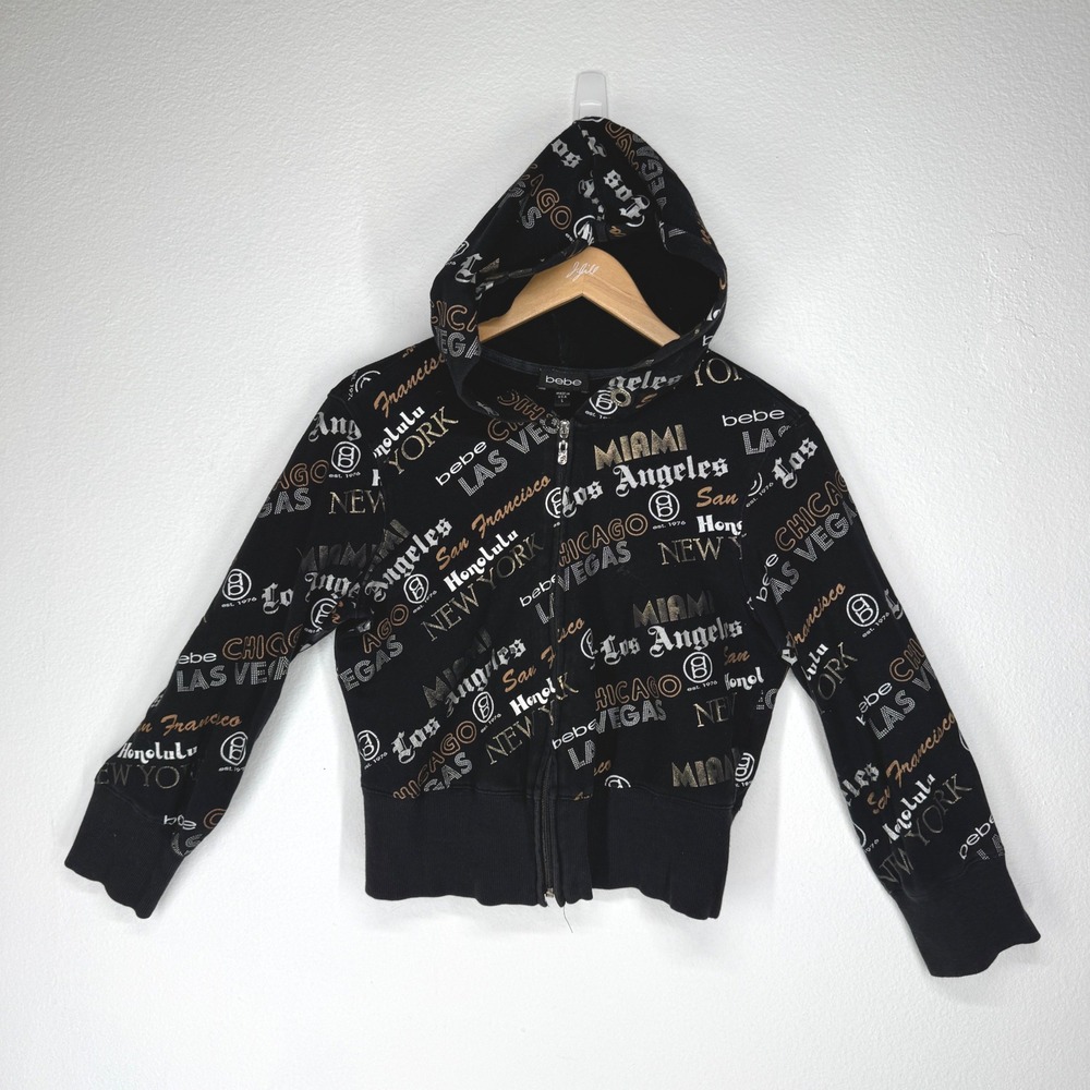 Bebe Womens Y2K All Over Graphic City Print Zip Crop Hoodie Sweatshirt Large